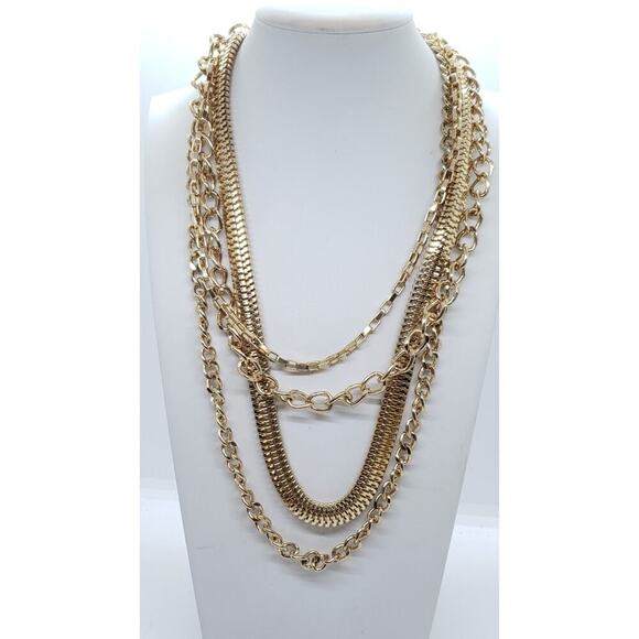 Vintage 90s Multi 4 Chain Gold Tone Necklace Chunky Snake Link Paperclip - Picture 2 of 7